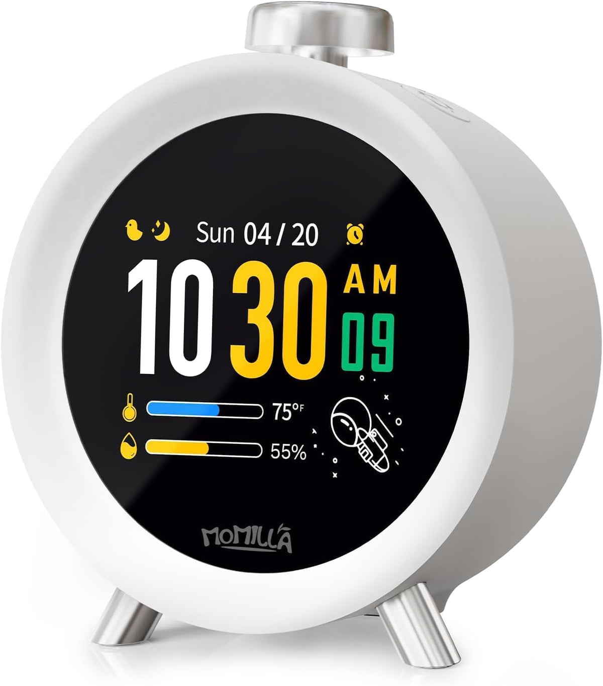 MOMILLA front display showing time date and temperature for clear bedside viewing