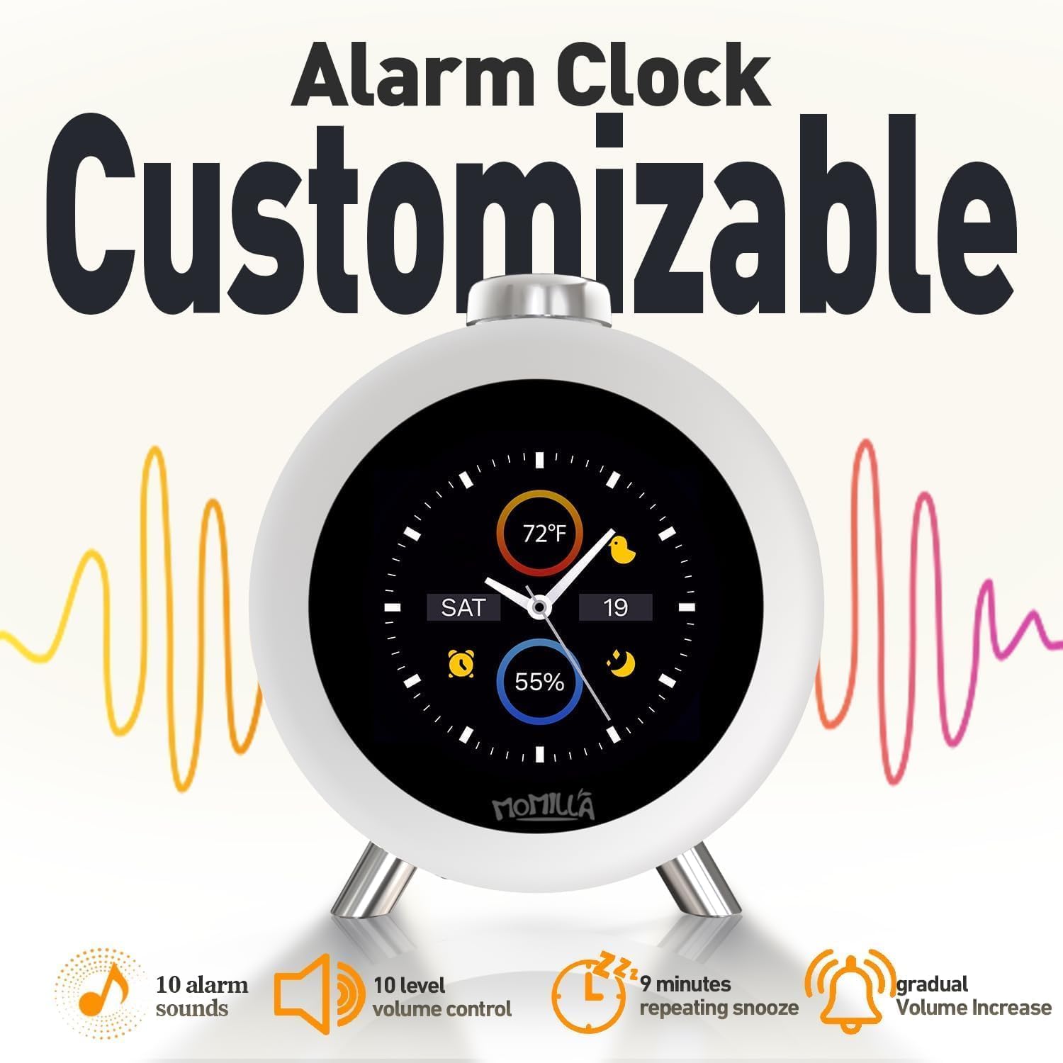 MOMILLA control panel with sound icons showing white-noise options benefit