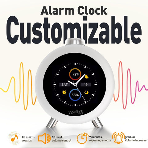 MOMILLA control panel with sound icons showing white-noise options benefit