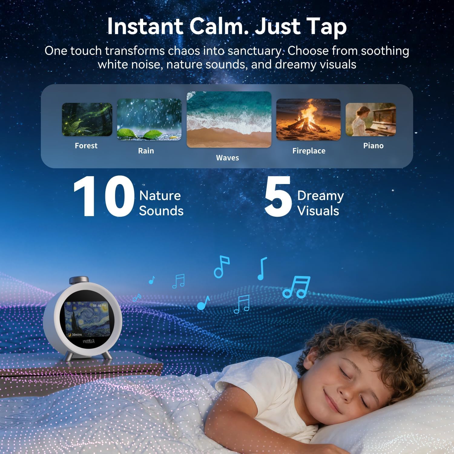 MOMILLA sound mode panel illustrating white noise option for restful sleep