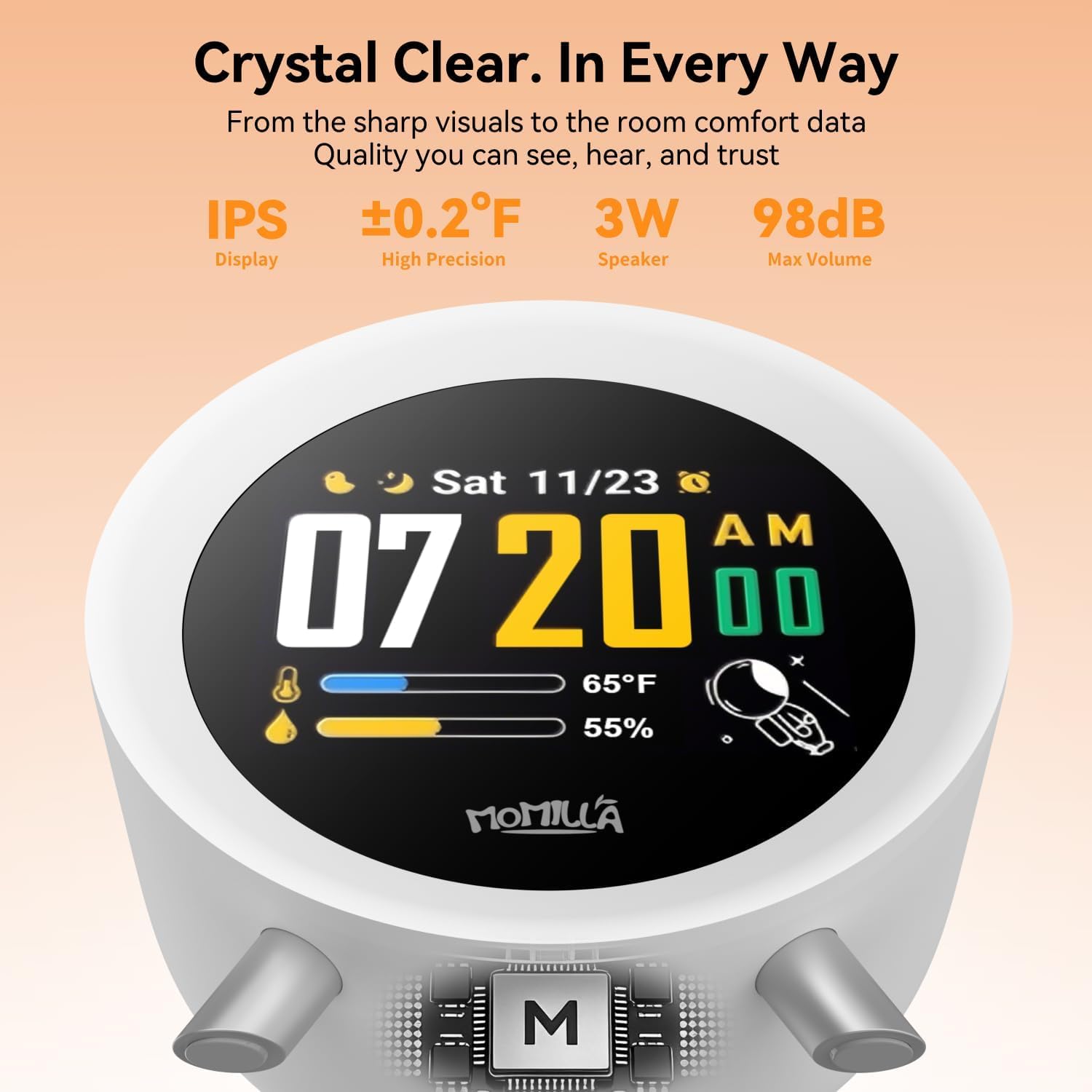 MOMILLA temperature and date label showing accurate room info at a glance