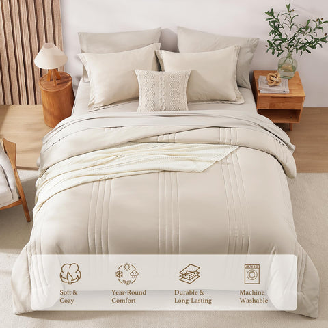 Monbix comforter set on a styled bedroom showing how it complements neutral decor