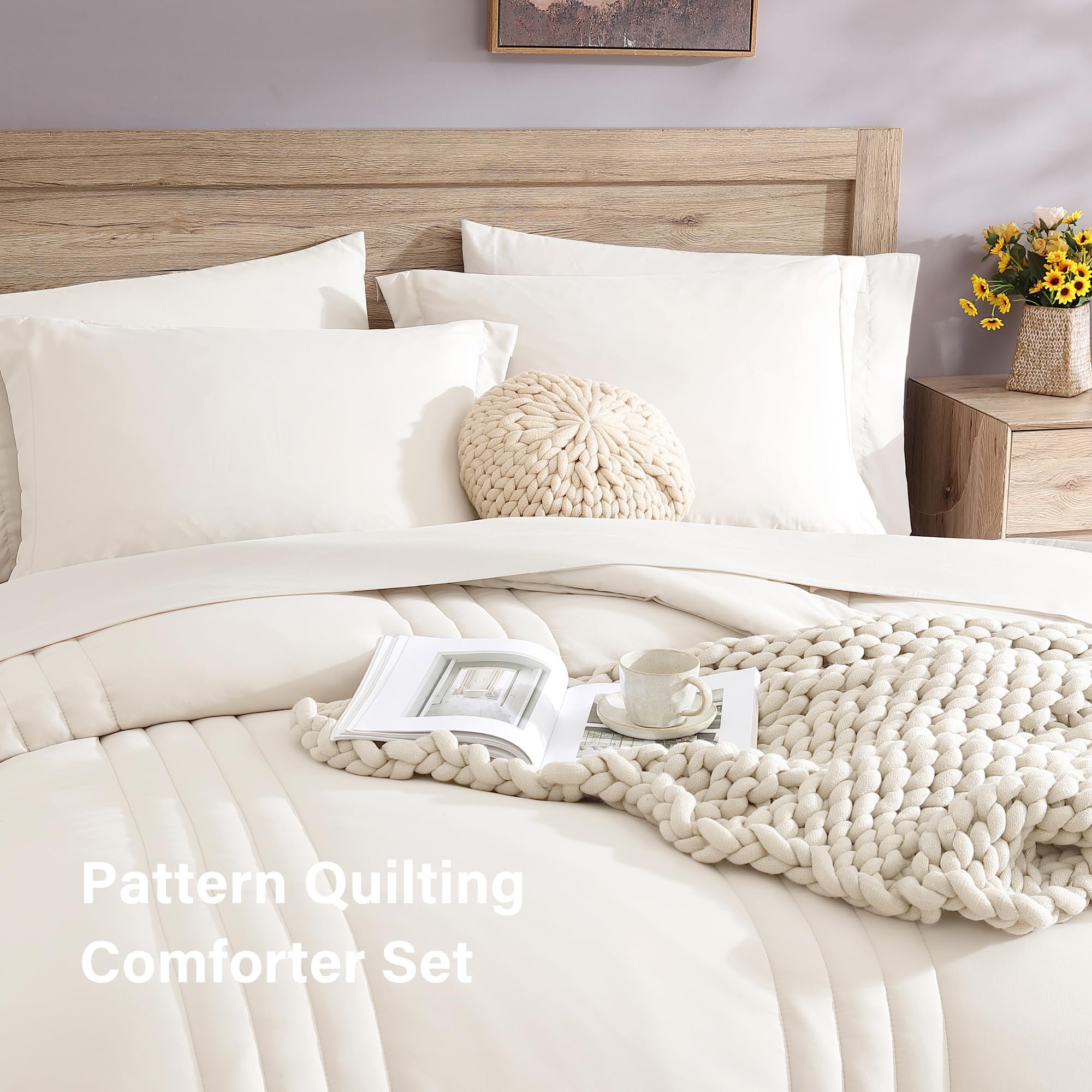 Monbix styled on a queen bed illustrating clean white modern bedroom