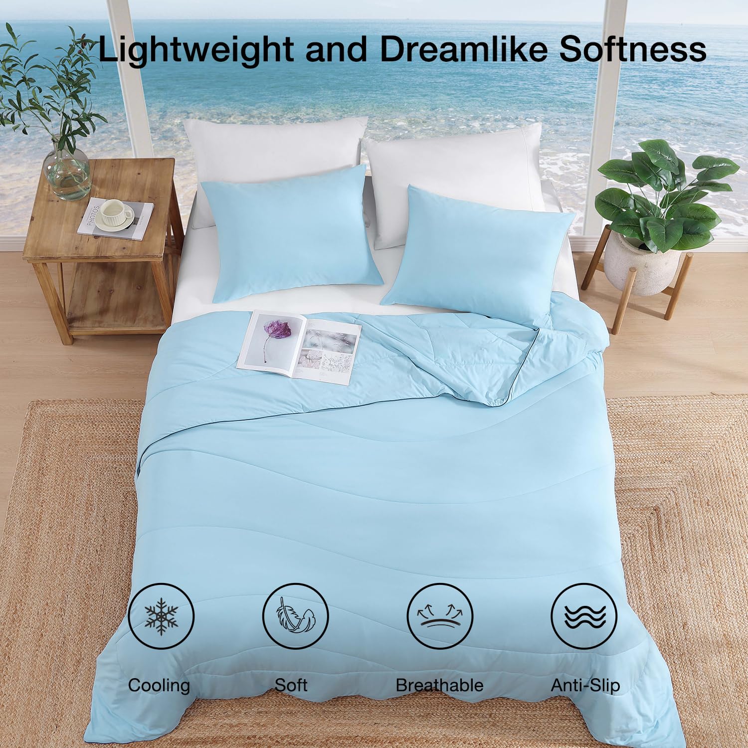 Monbix comforter in bedroom lifestyle scene demonstrating cool comfort and restful sleep