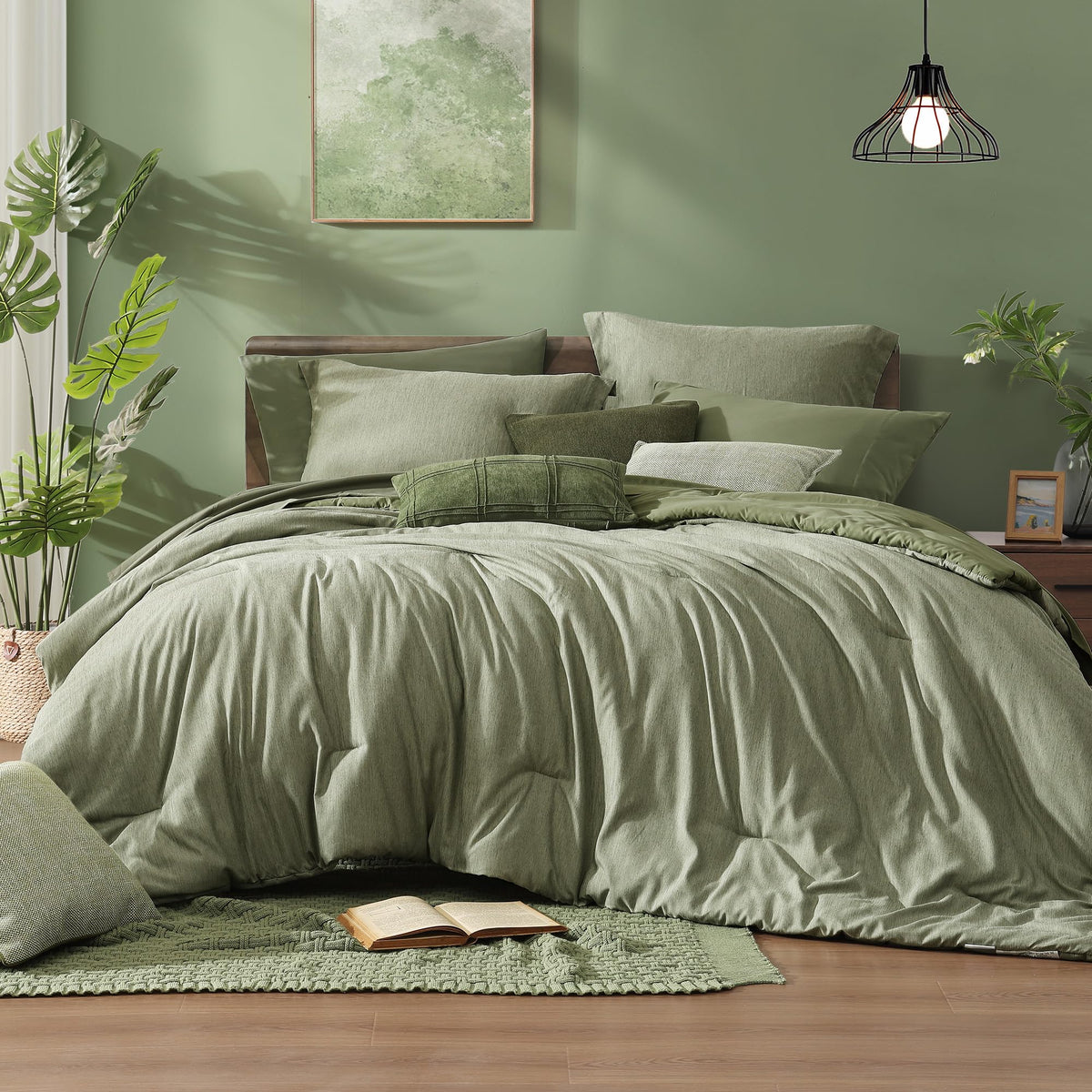 Monbix comforter front view showing sage green set and neat styling for quick visual choice