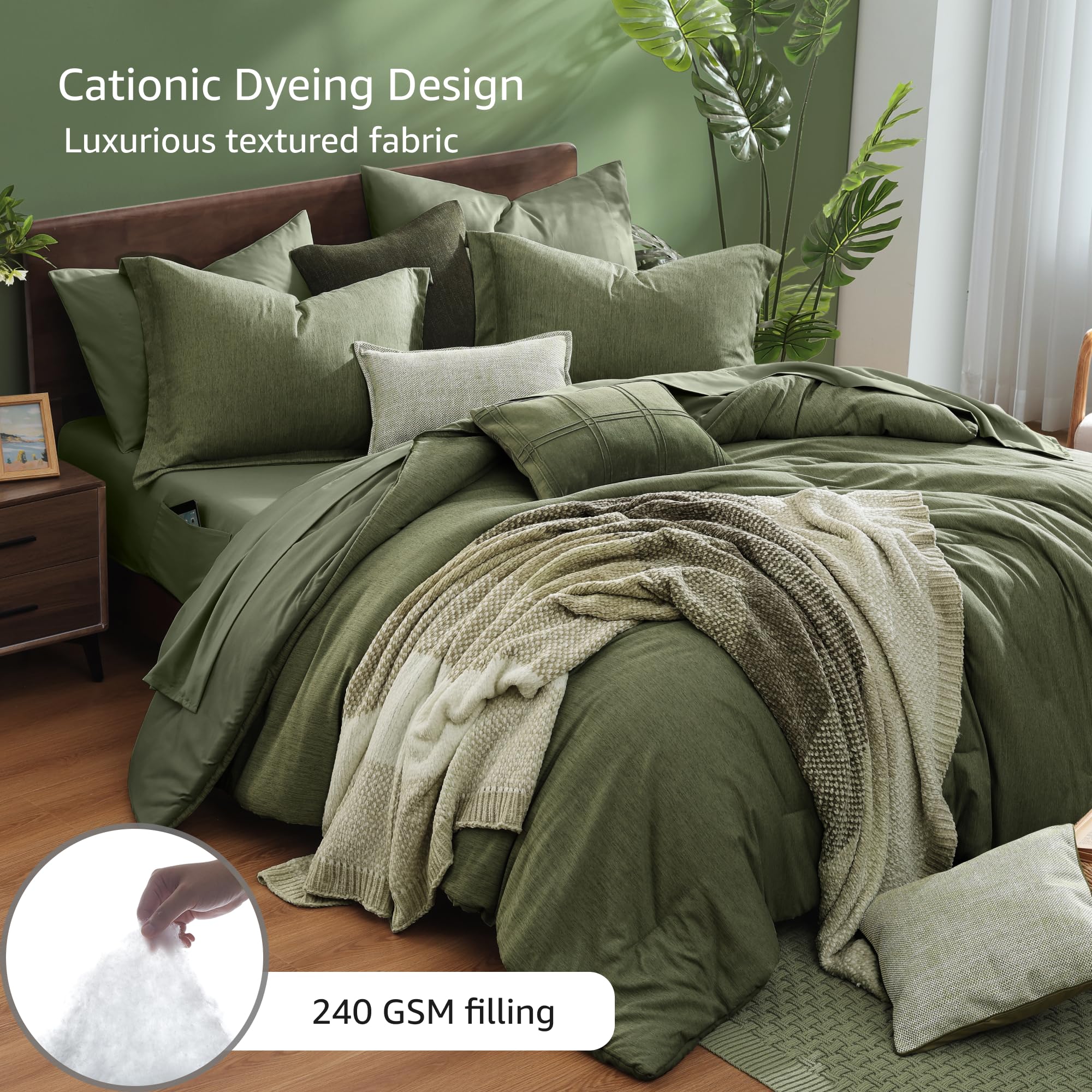 Monbix lifestyle shot of bed with olive bedding illustrating cozy bedroom ambiance and decor versatility
