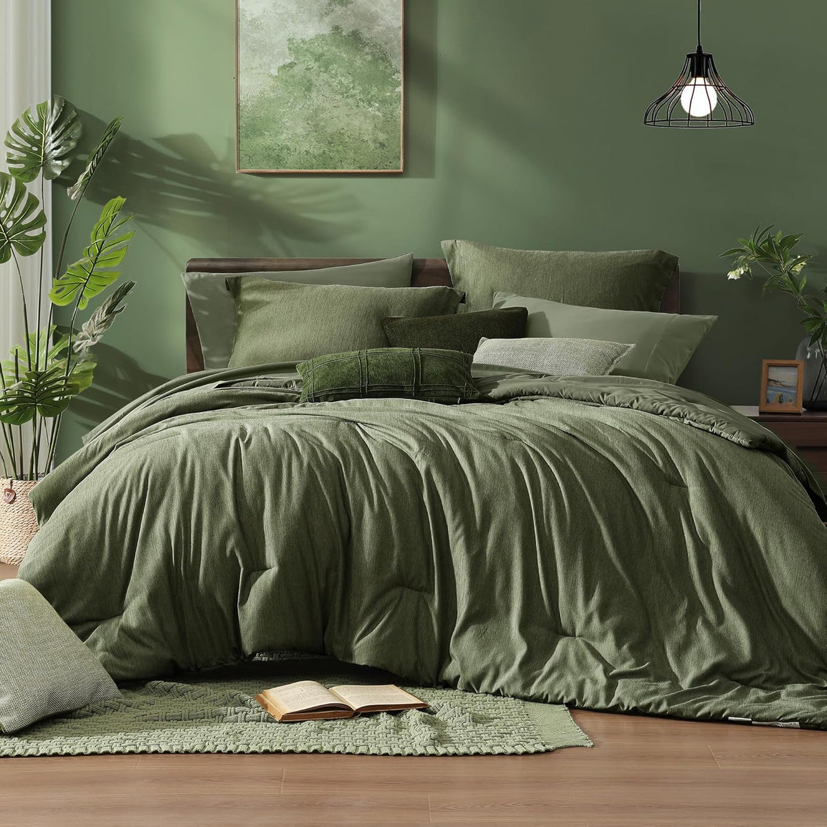 Monbix front view of olive California King comforter set showing full bed styling and coordinated look