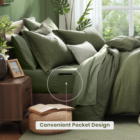Monbix detailed view of flat sheet, shams, and pillowcases showing matching set and neat styling