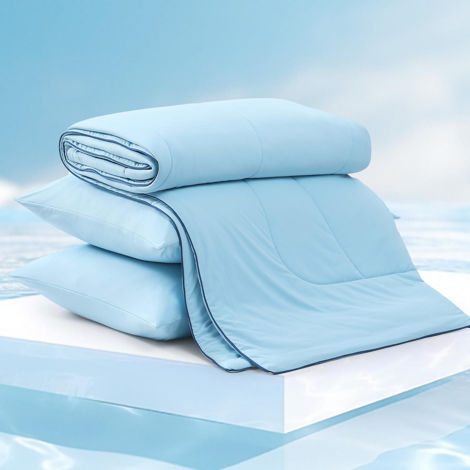 Monbix comforter used outdoors on chaise illustrating portable comfort and breathability