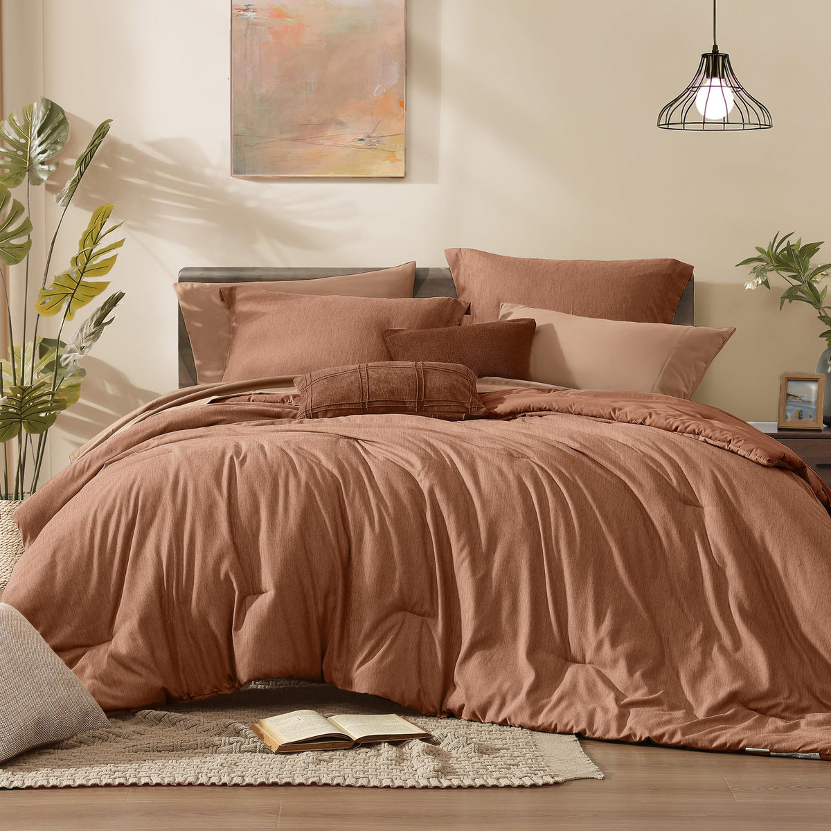 Monbix front view of queen comforter set showing full bed and coordinated look for instant makeover
