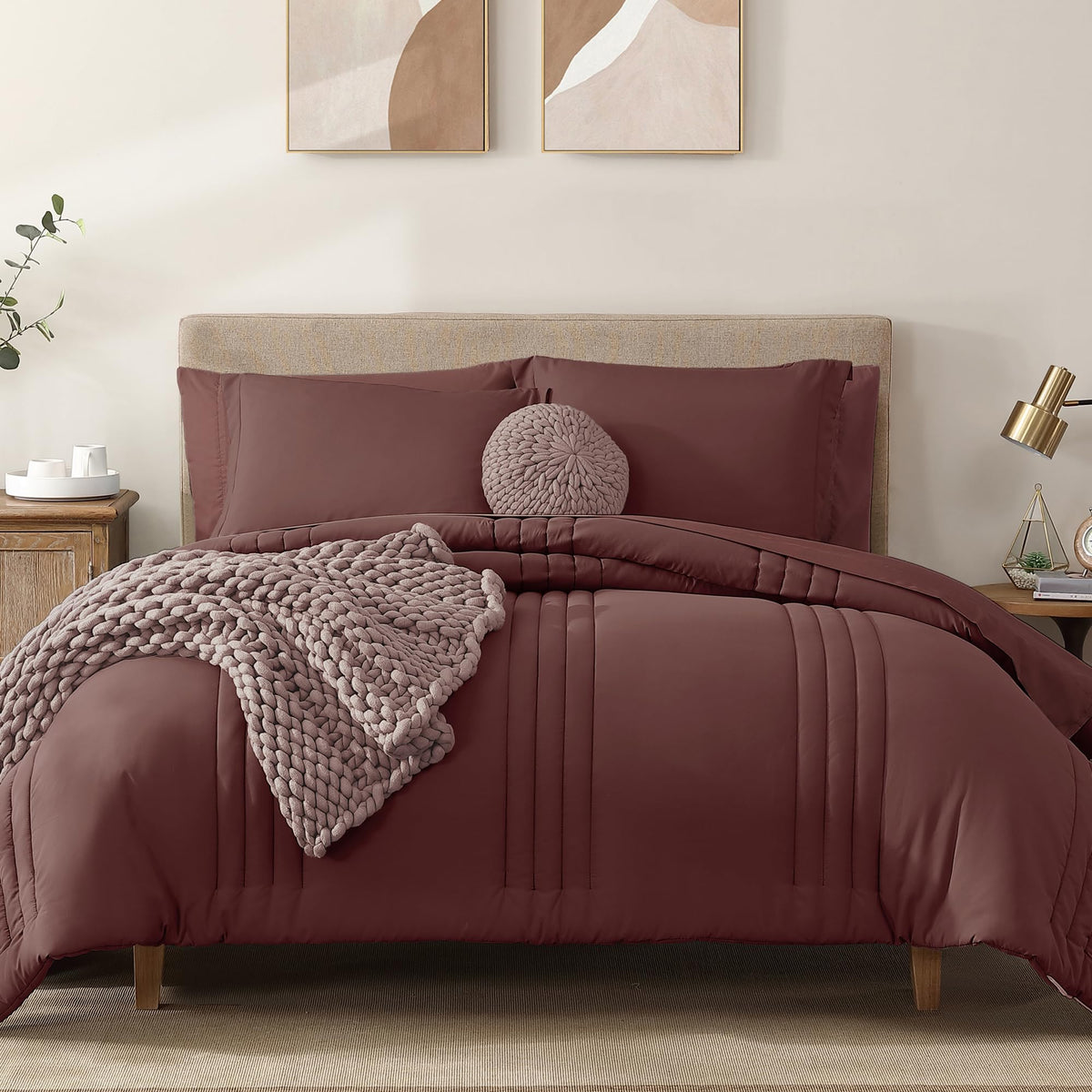 Monbix front view of dark red queen comforter set showing clean styling and warmth