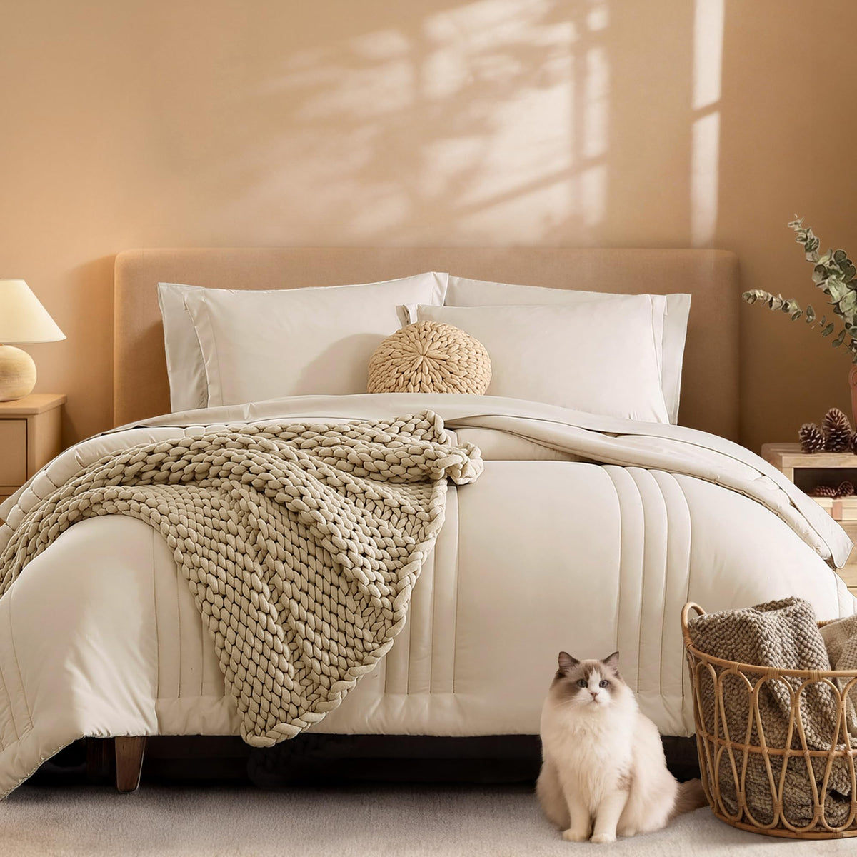 Monbix comforter front view shows cozy beige bedding and quick refresh benefit
