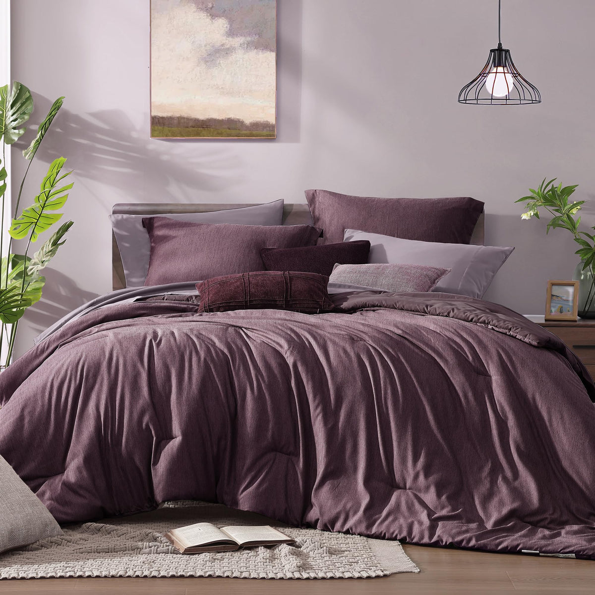 Monbix comforter front view showing Italian Plum color and cozy look