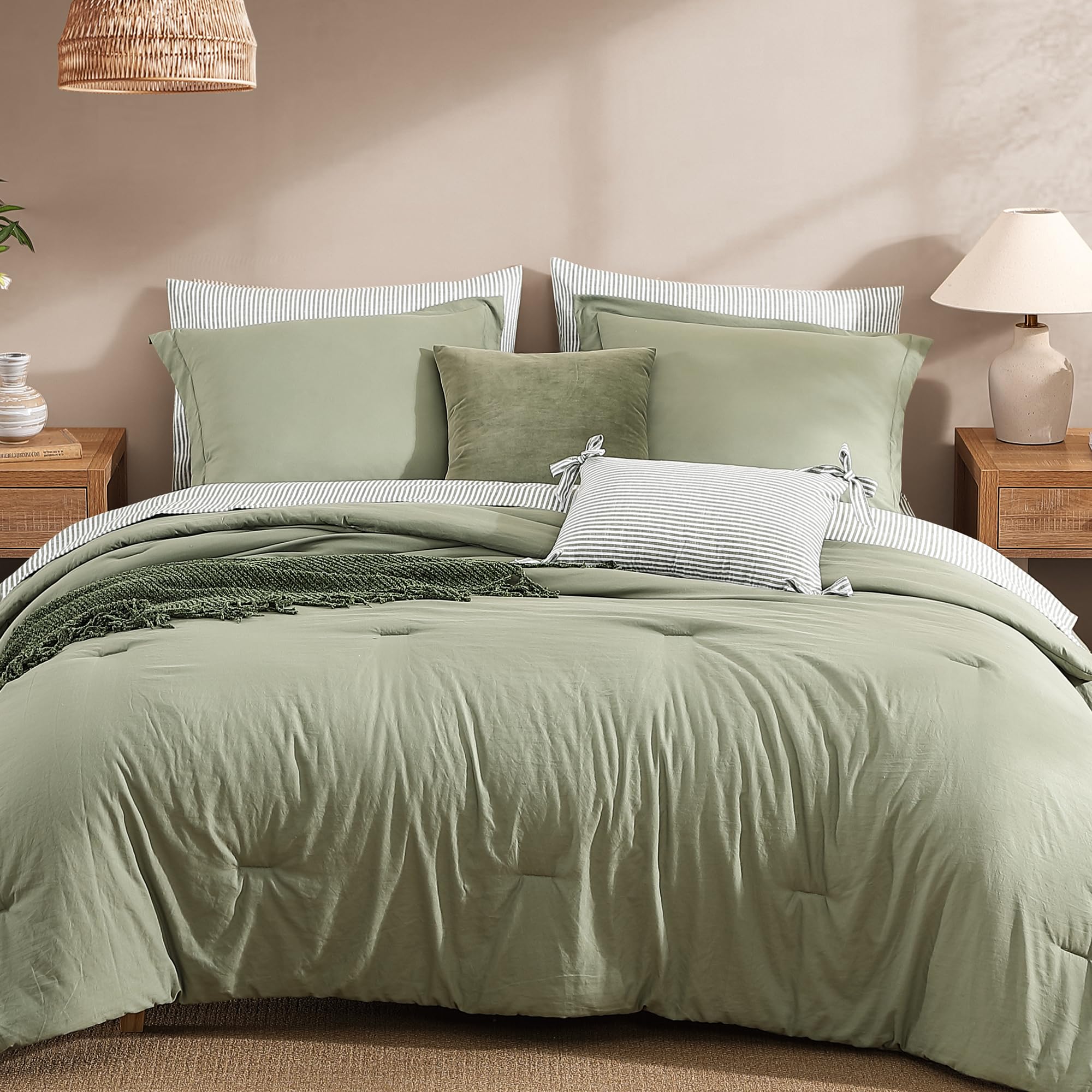 Monbix front view of full queen comforter set, shows coordinated bedding and neat finish