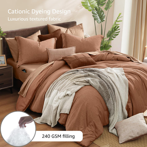Monbix lifestyle shot of bed-in-a-bag in a styled bedroom showing cozy, inviting benefit