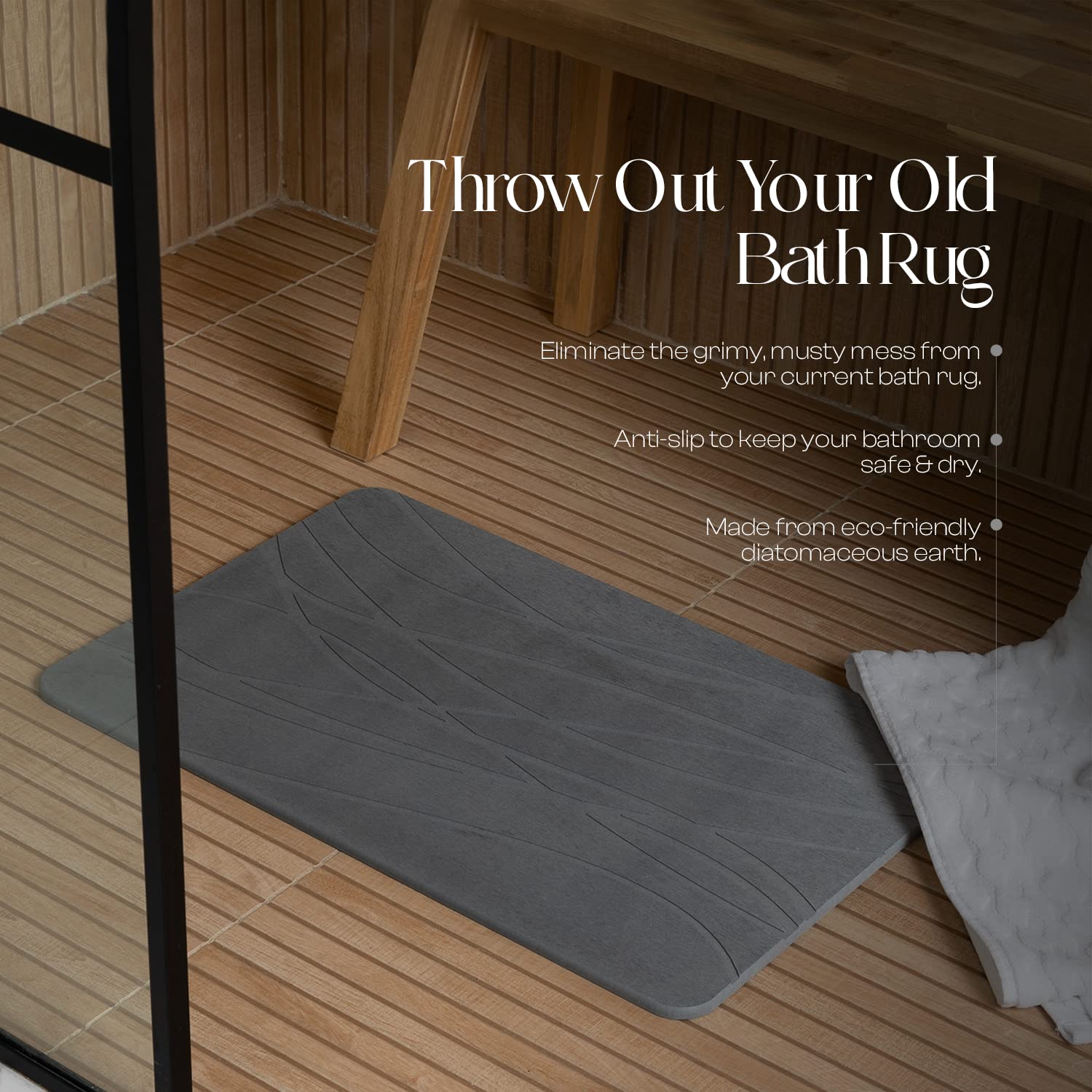 Mondano mat with wet feet stepping off shower demonstrating instant drying