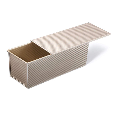 Monfish pullman loaf pan front view shows champagne gold finish and sturdy shape