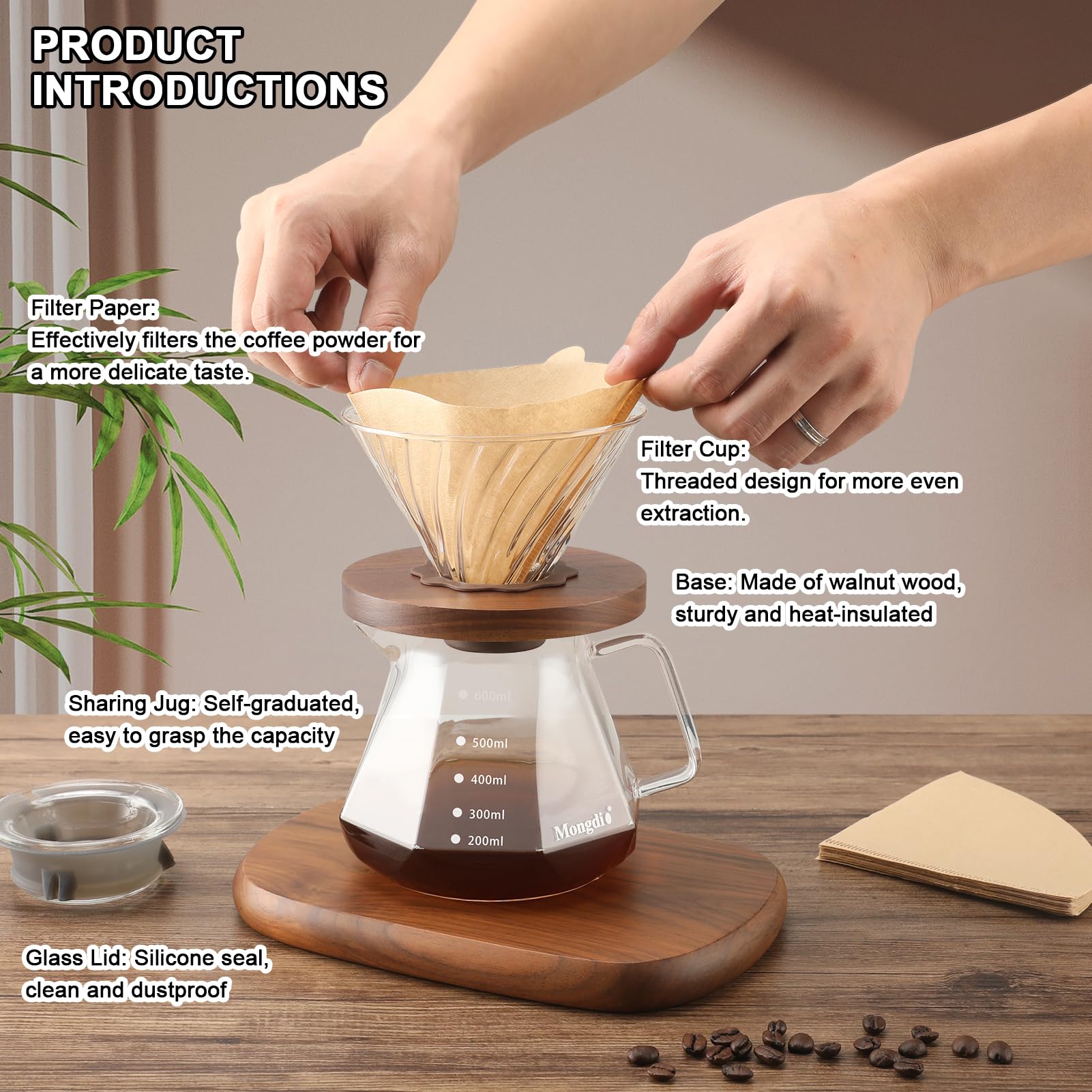 Mongdio close-up of V-shaped spout and thick handle for precise comfortable pouring
