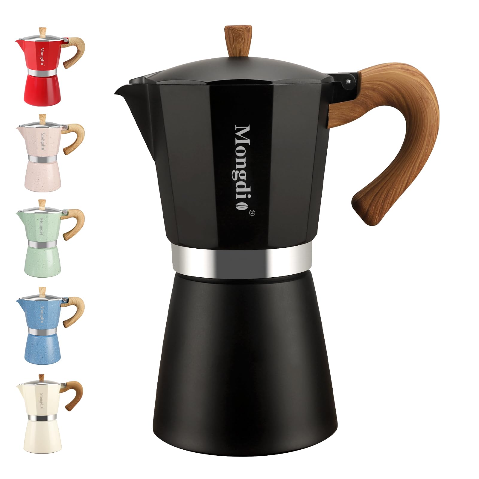 Mongdio front view of 9-cup black Moka pot showing classic design and fast brewing