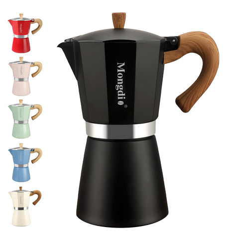 Mongdio front view of 9-cup black Moka pot showing classic design and fast brewing