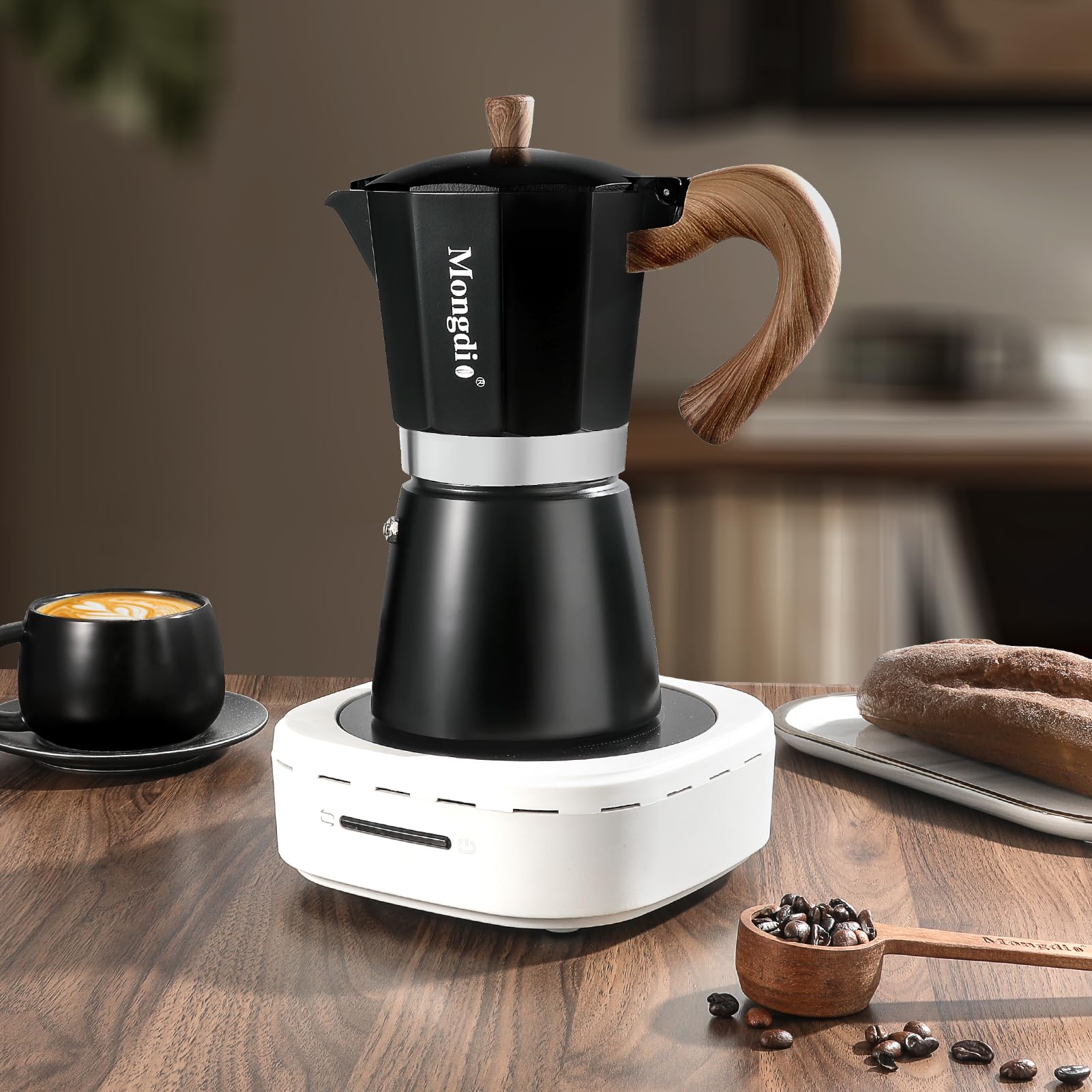 Mongdio on a breakfast table with croissant to show home brewing lifestyle