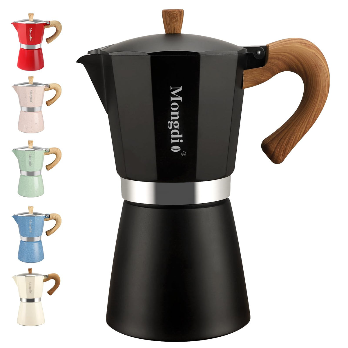Mongdio Moka pot front view showing black finish and compact design benefit convenience