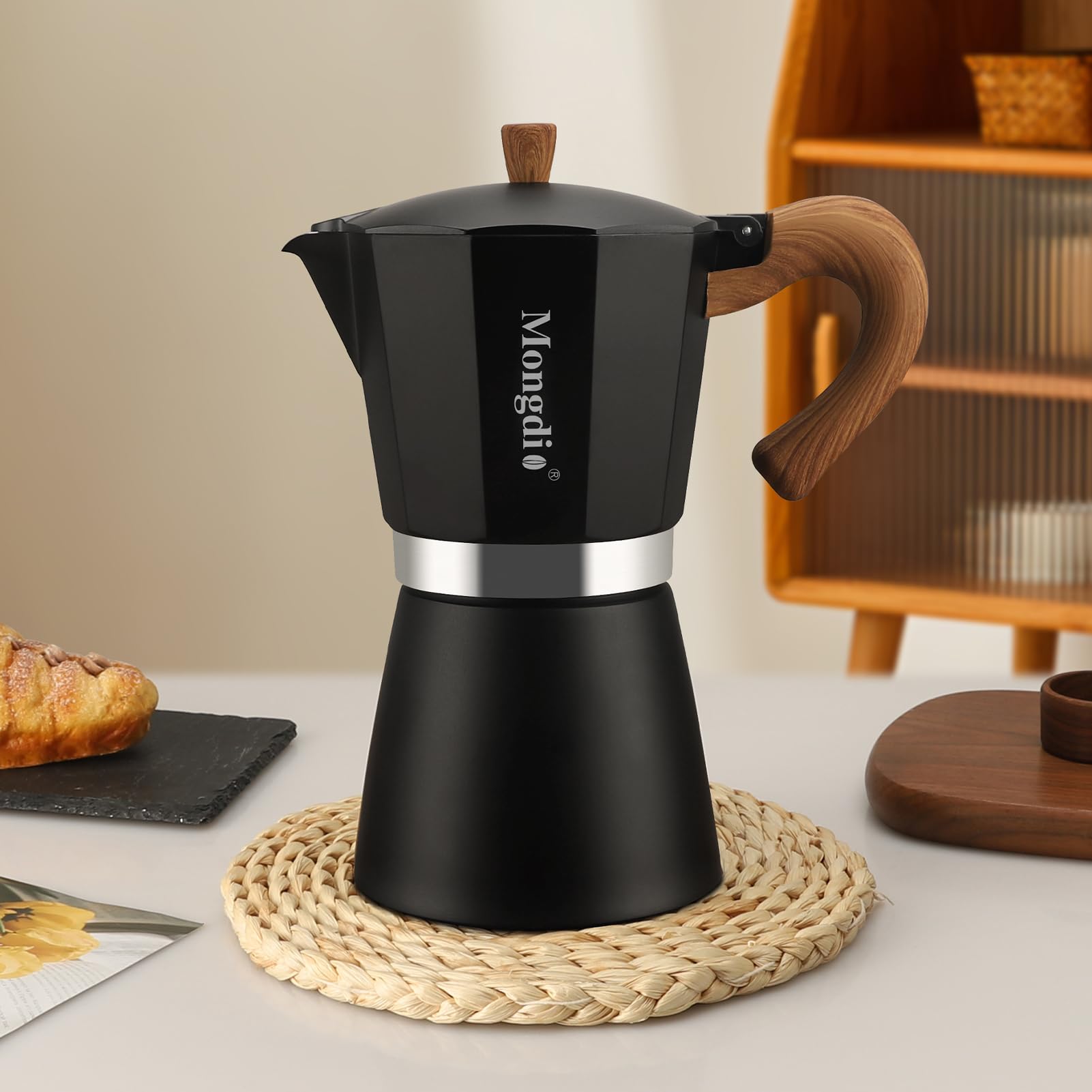 Mongdio Moka pot on breakfast table with cups showing household use and style