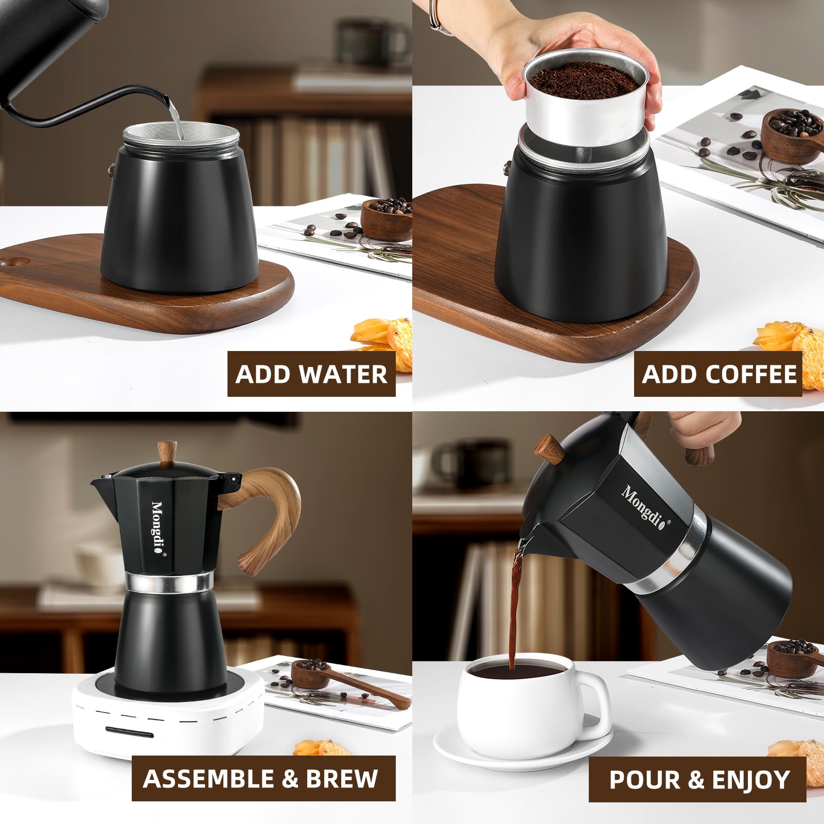 Mongdio Moka pot on stove mid-brew delivering fast concentrated coffee