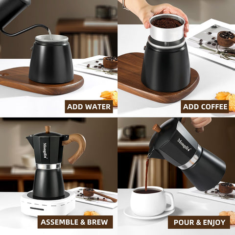 Mongdio Moka pot on stove mid-brew delivering fast concentrated coffee