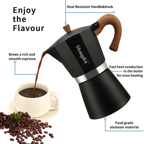 Mongdio Moka pot open showing filter funnel and grounds for easy assembly