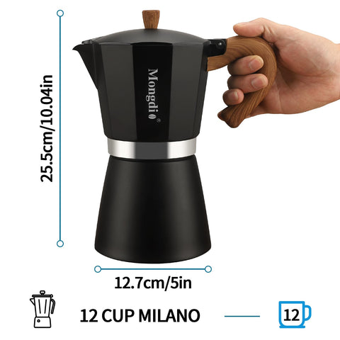 Mongdio Moka pot pouring espresso into cup for rich, aromatic beverage