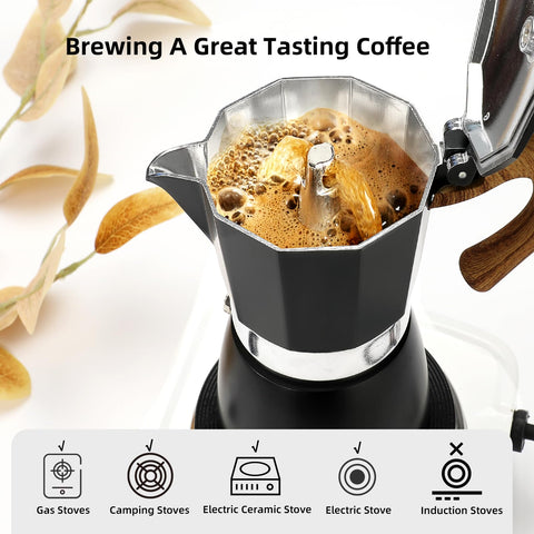 Mongdio Moka pot held in hand to show 12-cup scale and practical capacity
