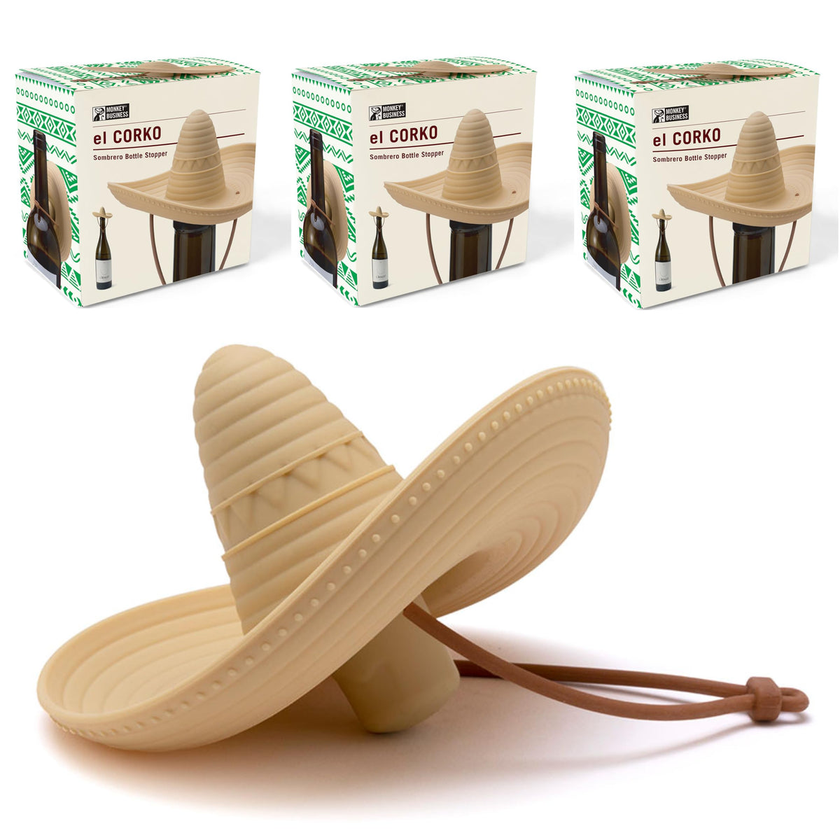 Monkey Business Elcorko front packaging showing three sombrero stoppers and colors, playful storage