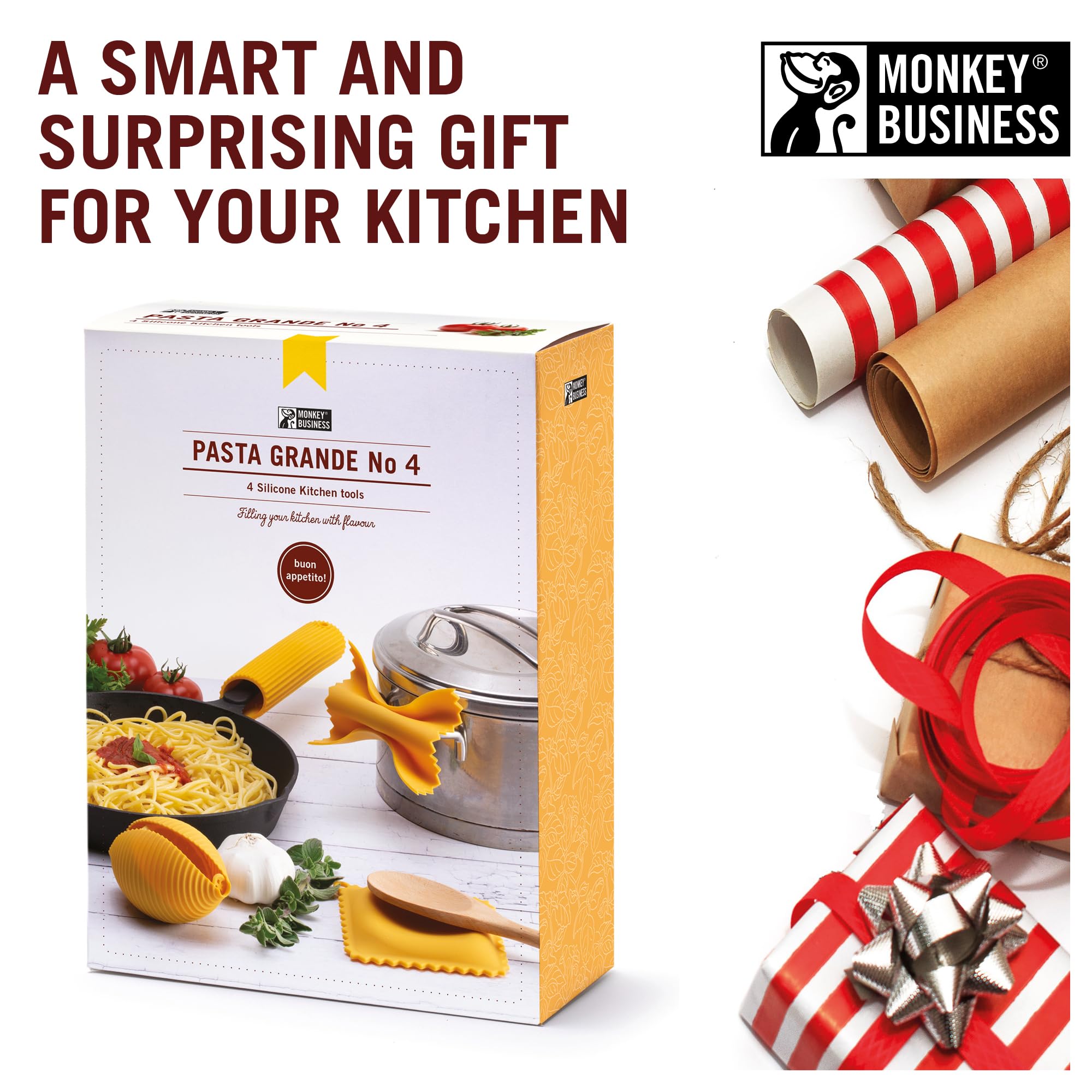 Monkey Business set next to utensils for scale showing compact gift box and space-saving design
