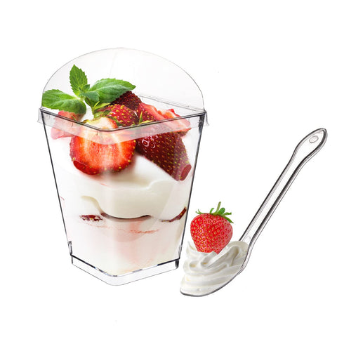 Monrocco front pack showing clear cups lids and spoons for easy serving