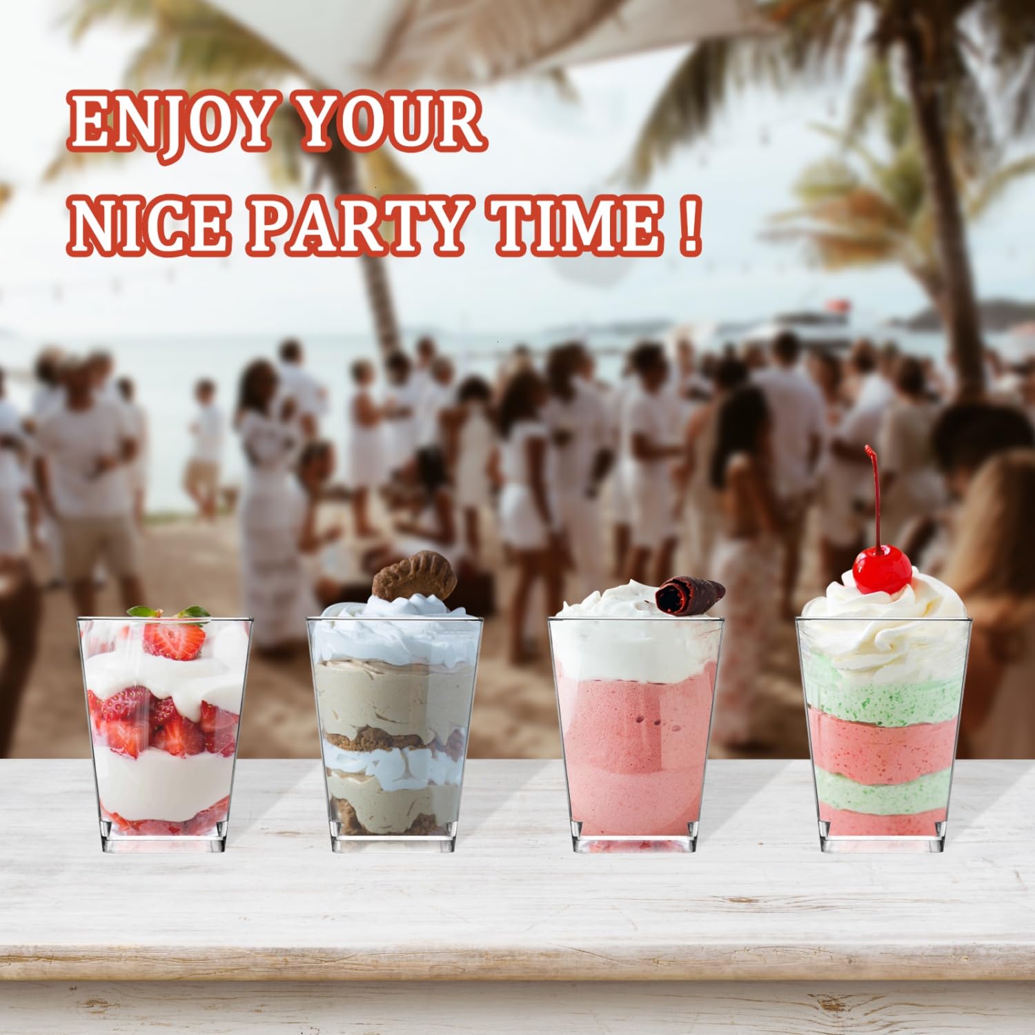 Monrocco dessert cups arranged on table for neat party self-service