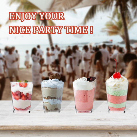 Monrocco dessert cups arranged on table for neat party self-service