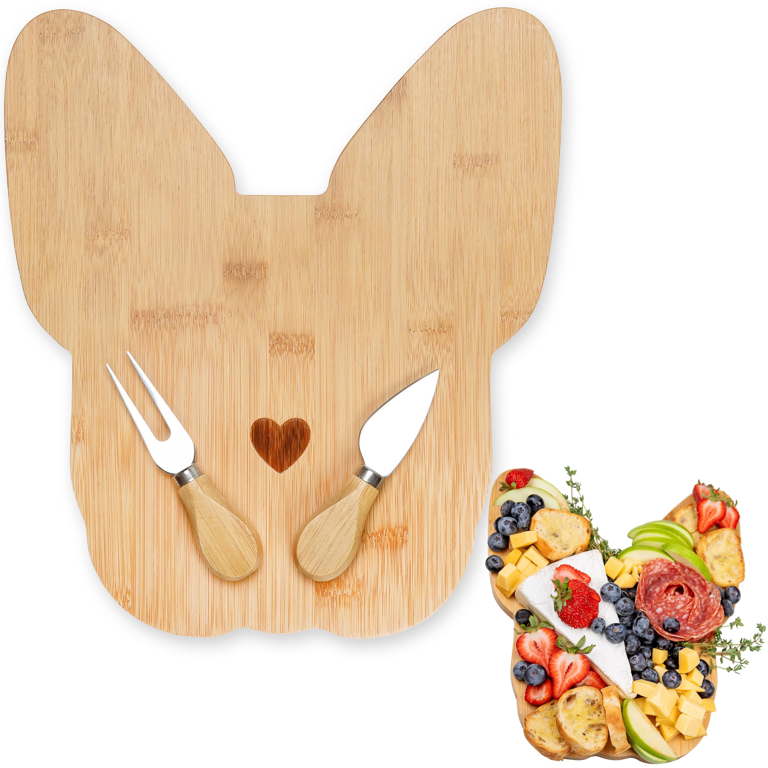 Monstera Home front view of Frenchie cheese board showing playful shape and serving area