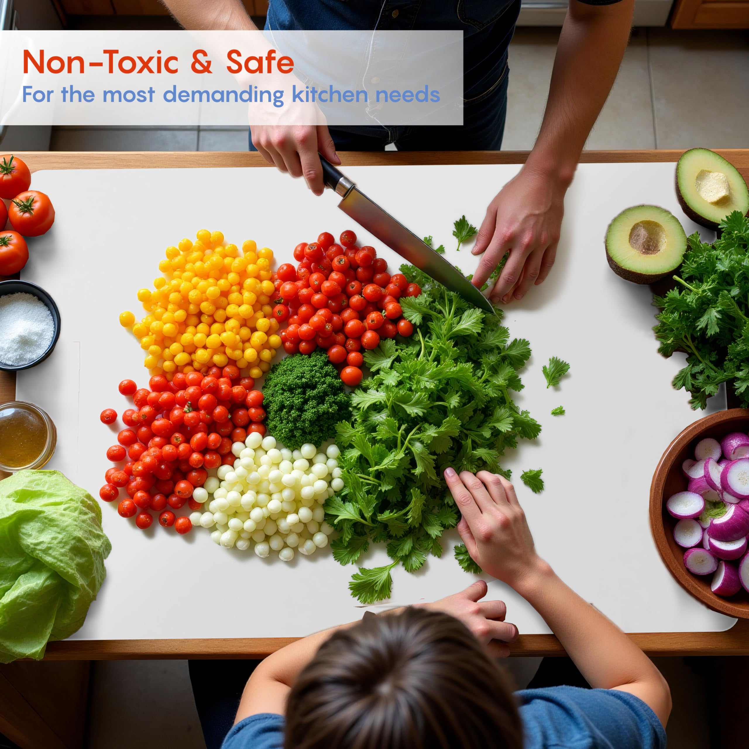 Monster Mat being flexed to funnel chopped vegetables for fast transfer