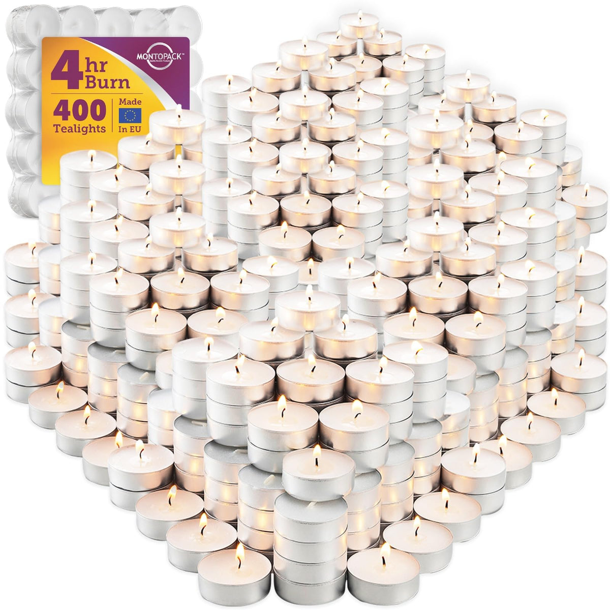 MontoPack front view of 400-pack tealight candles showing packaging and quantity benefit