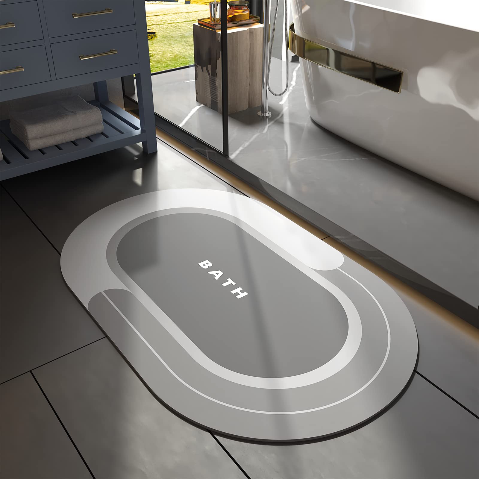 MontVoo front view showing full grey bath mat protecting floor