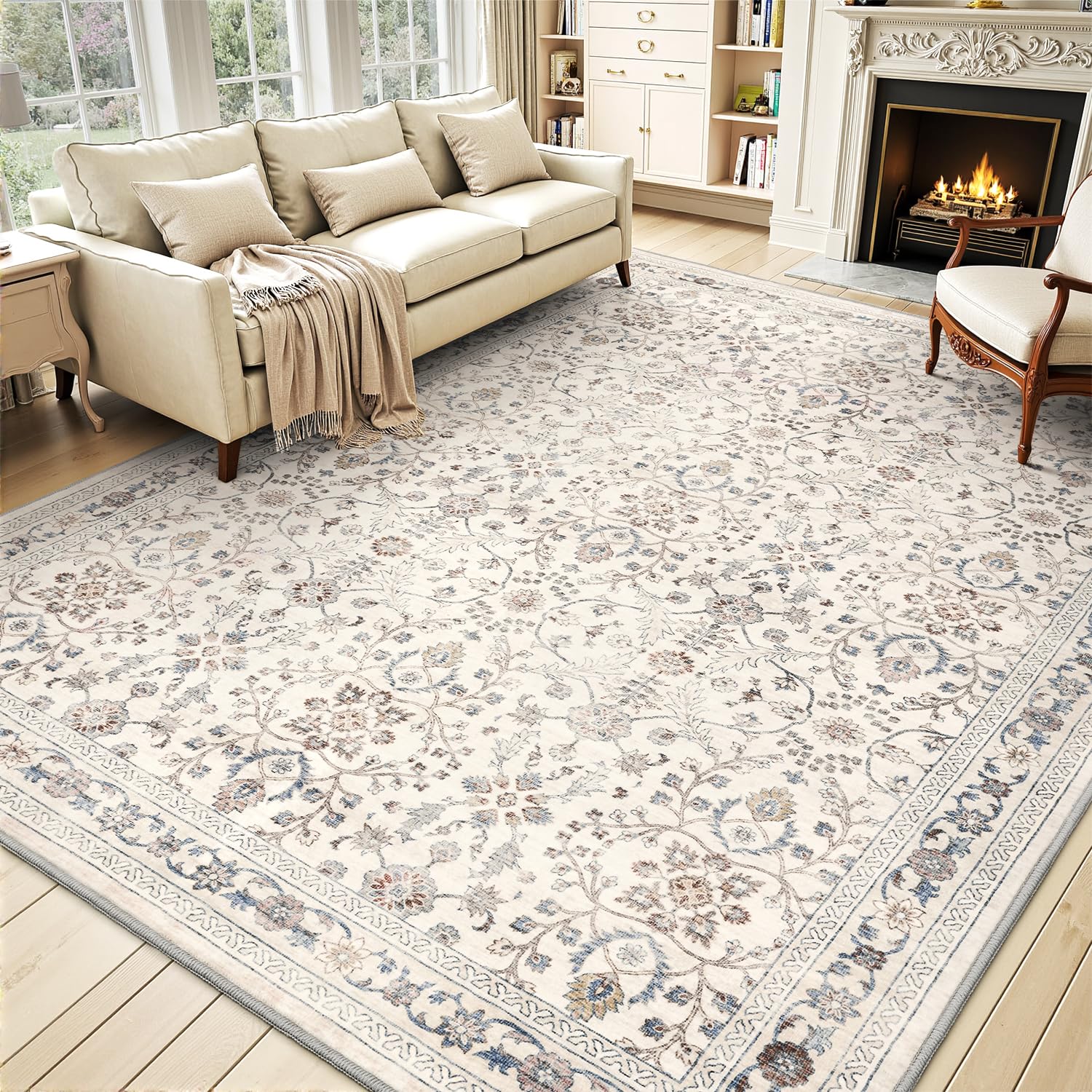 MontVoo front view of 8x10 beige rug showing vintage pattern and cozy appeal