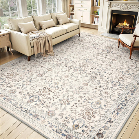 MontVoo front view of 8x10 beige rug showing vintage pattern and cozy appeal
