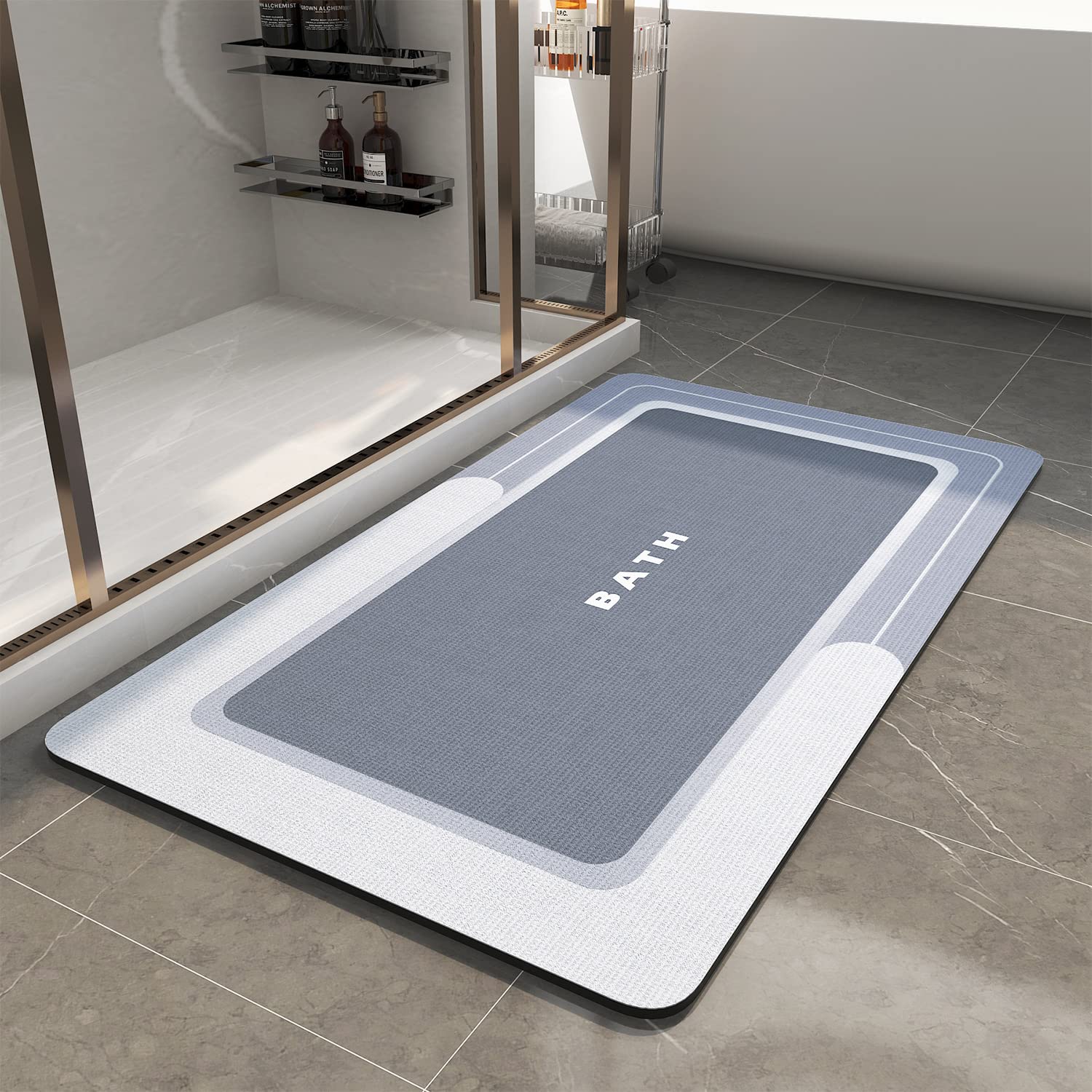 MontVoo front view blue bath mat showing neat edges and quick-dry benefit