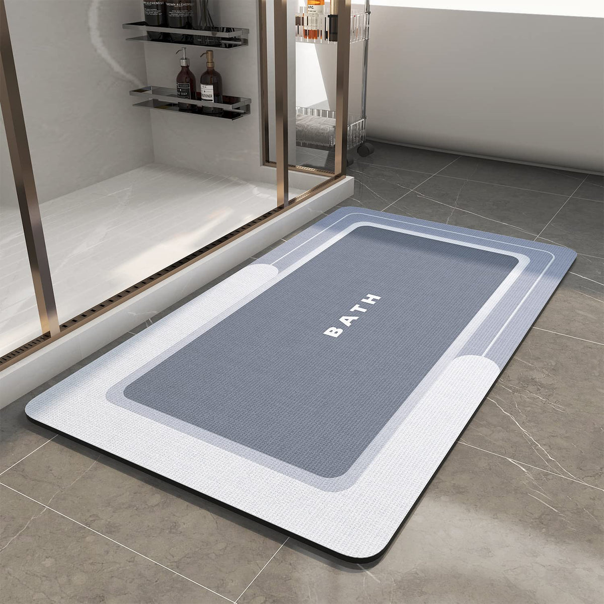 MontVoo front view blue bath mat showing neat edges and quick-dry benefit