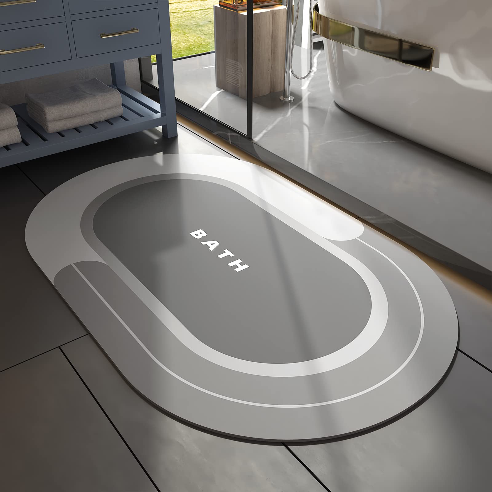 MontVoo front view showing grey bath mat and quick-dry benefit