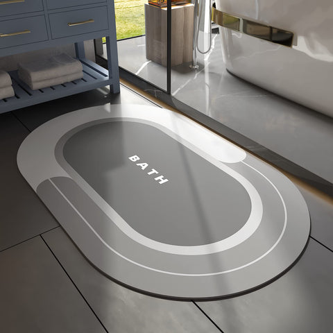 MontVoo front view showing grey bath mat and quick-dry benefit