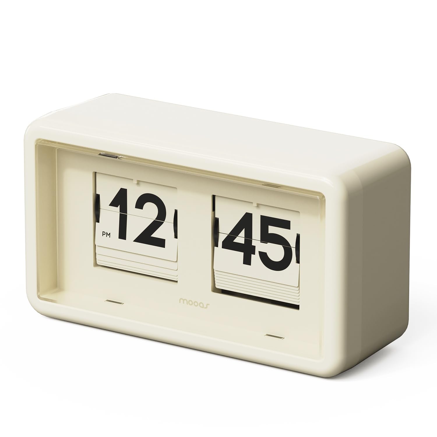 mooas flip clock front view showing cream finish and clear display benefit readability