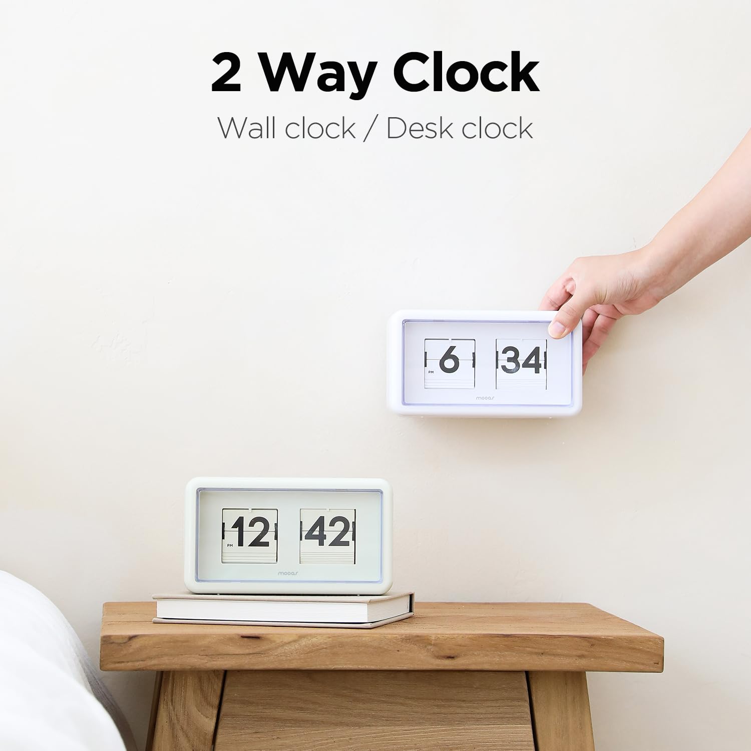 mooas flip clock wall mounted in cream showing space-saving and style benefit
