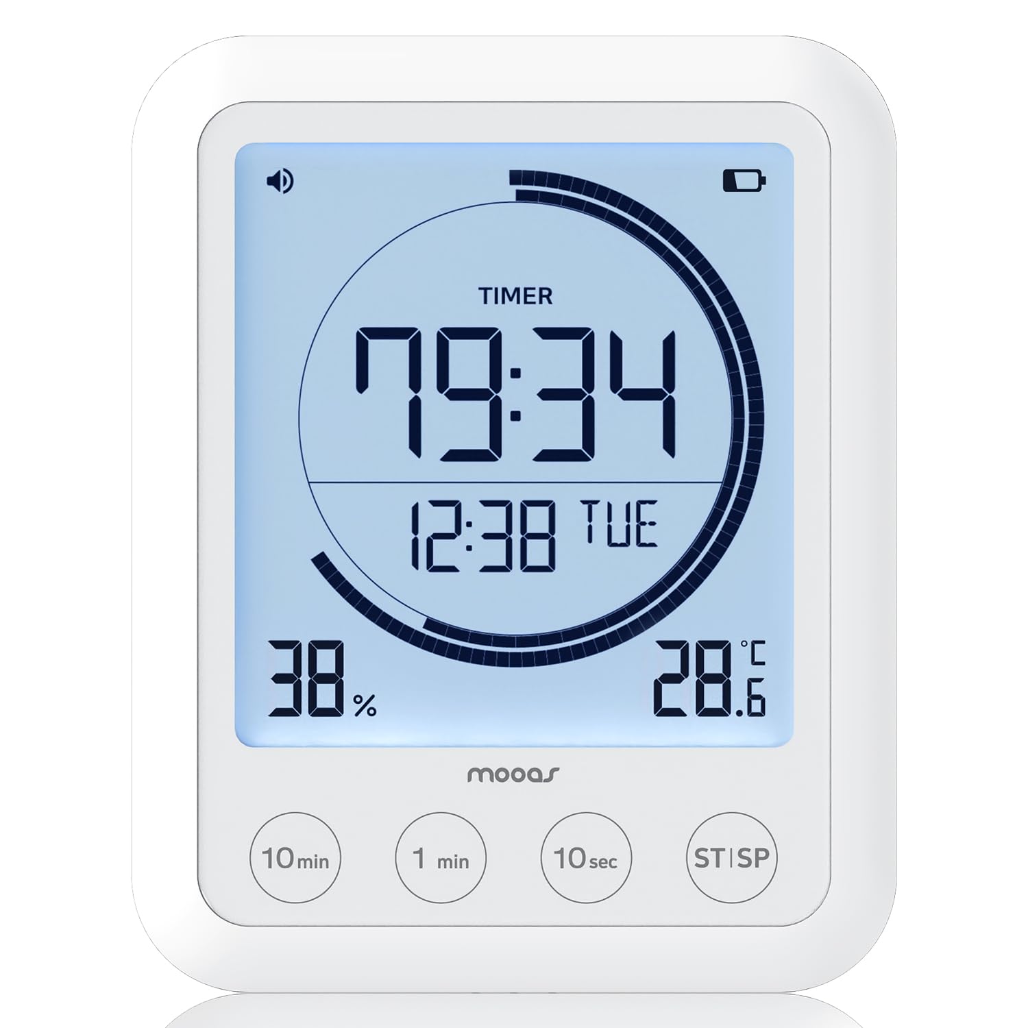 mooas front display showing clock and ring timer for clear timekeeping